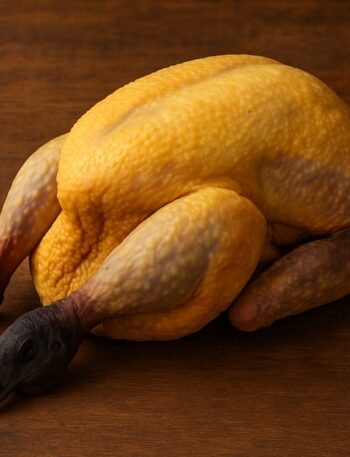 Faraona cruda con pelle gialla e testa visibile, appoggiata su superficie rustica