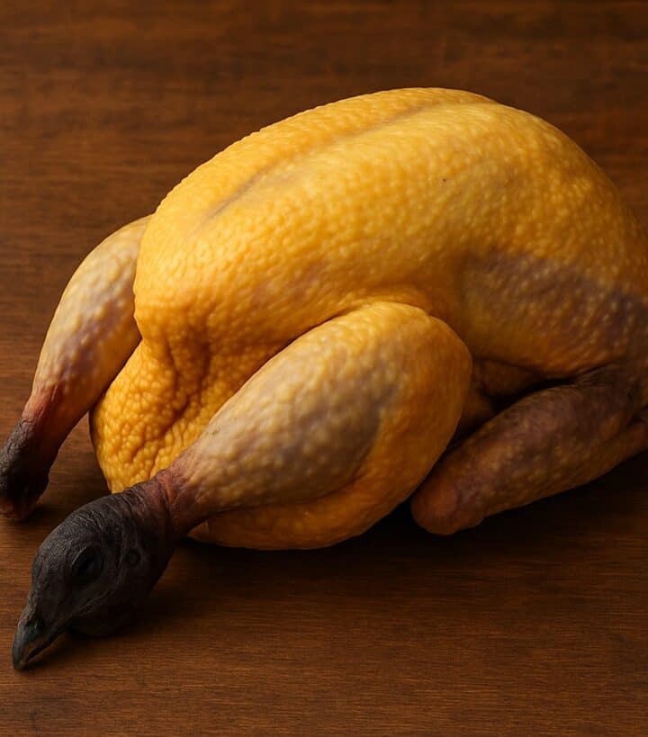 Faraona cruda con pelle gialla e testa visibile, appoggiata su superficie rustica