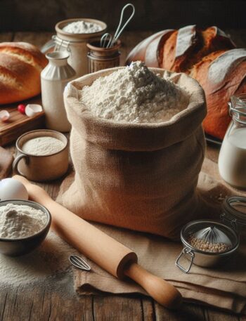 Immagine di farina bianca versata su una superficie, rappresentativa delle diverse varietà utilizzate in cucina per pane, dolci e pasta.