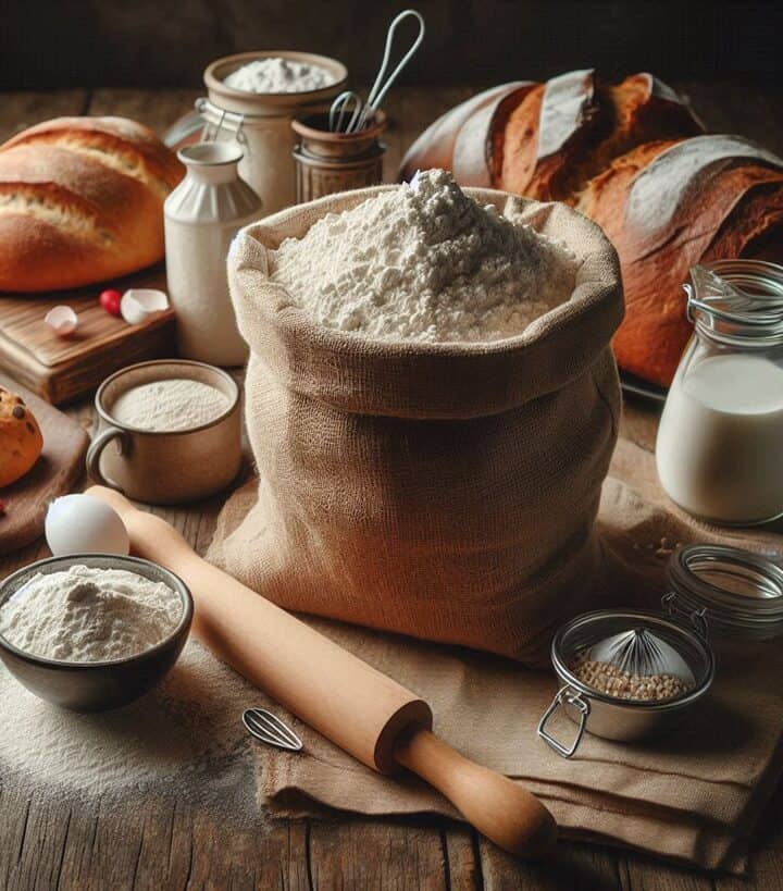 Immagine di farina bianca versata su una superficie, rappresentativa delle diverse varietà utilizzate in cucina per pane, dolci e pasta.