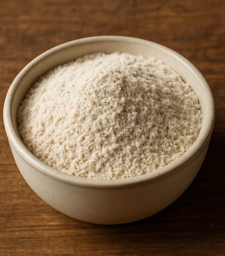 Ciotola piena di farina di avena chiara e leggermente granulosa su fondo in legno