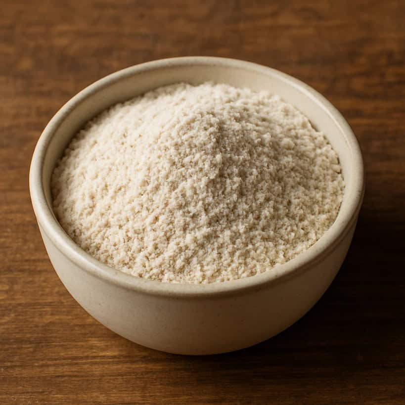 Ciotola piena di farina di avena chiara e leggermente granulosa su fondo in legno