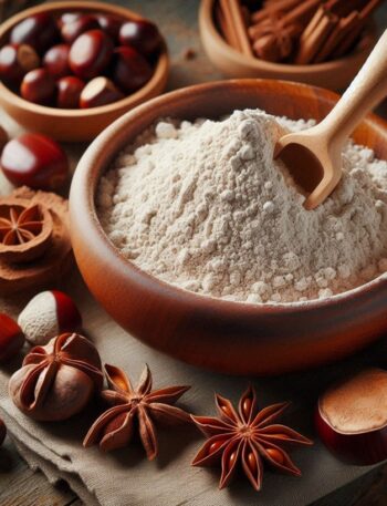 Farina di castagne in una ciotola con un cucchiaio di legno