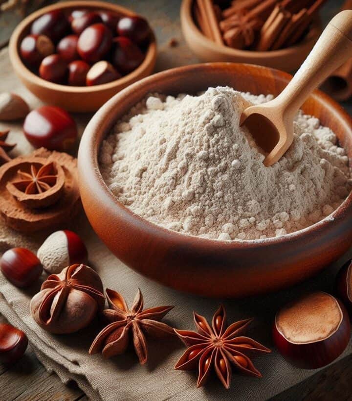 Farina di castagne in una ciotola con un cucchiaio di legno