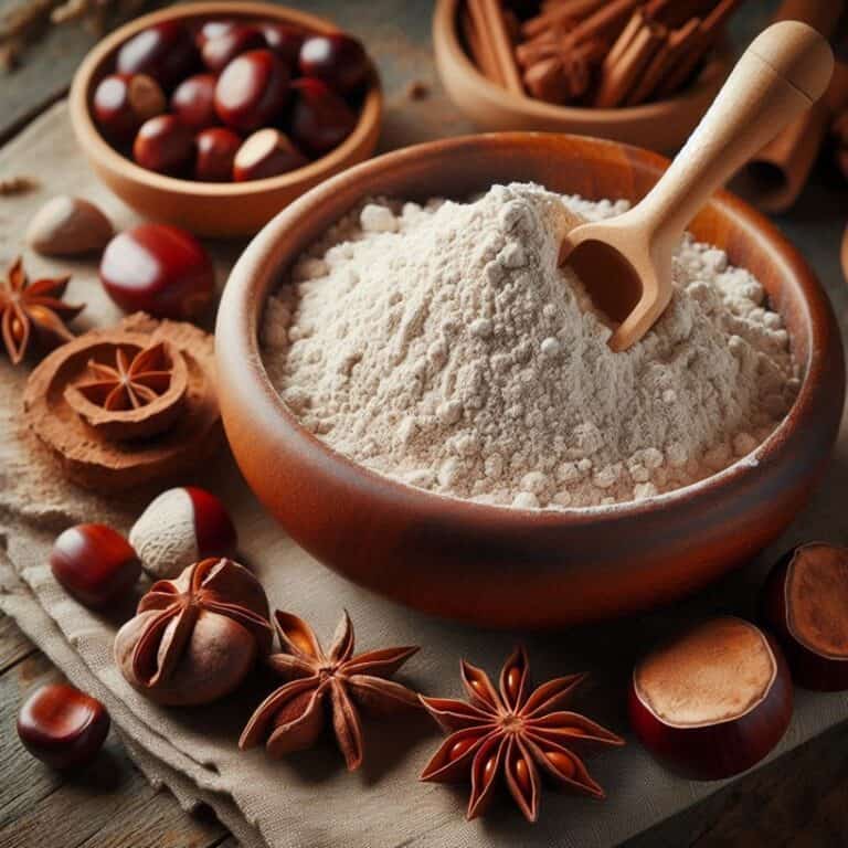 Farina di castagne in una ciotola con un cucchiaio di legno