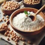Farina di ceci in una ciotola con un cucchiaio di legno
