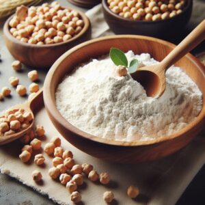 Farina di ceci in una ciotola con un cucchiaio di legno