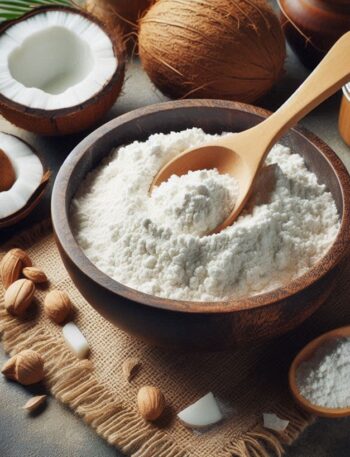 Farina di cocco in una ciotola con un cucchiaio di legno
