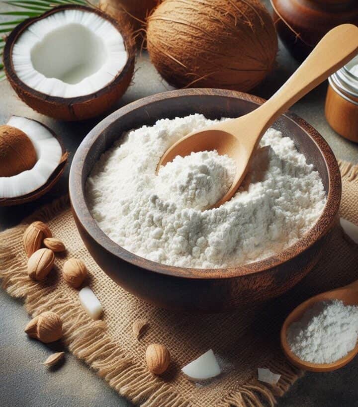 Farina di cocco in una ciotola con un cucchiaio di legno