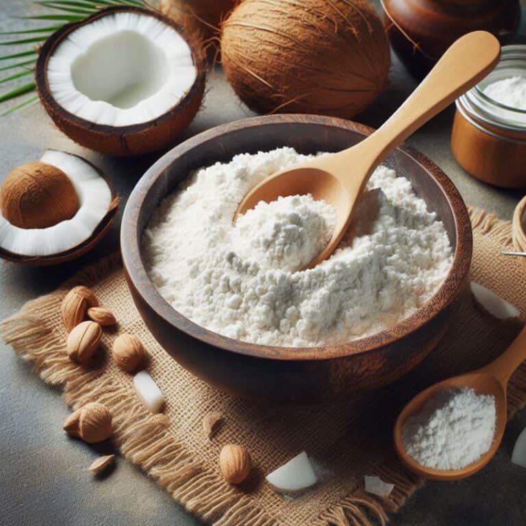Farina di cocco in una ciotola con un cucchiaio di legno