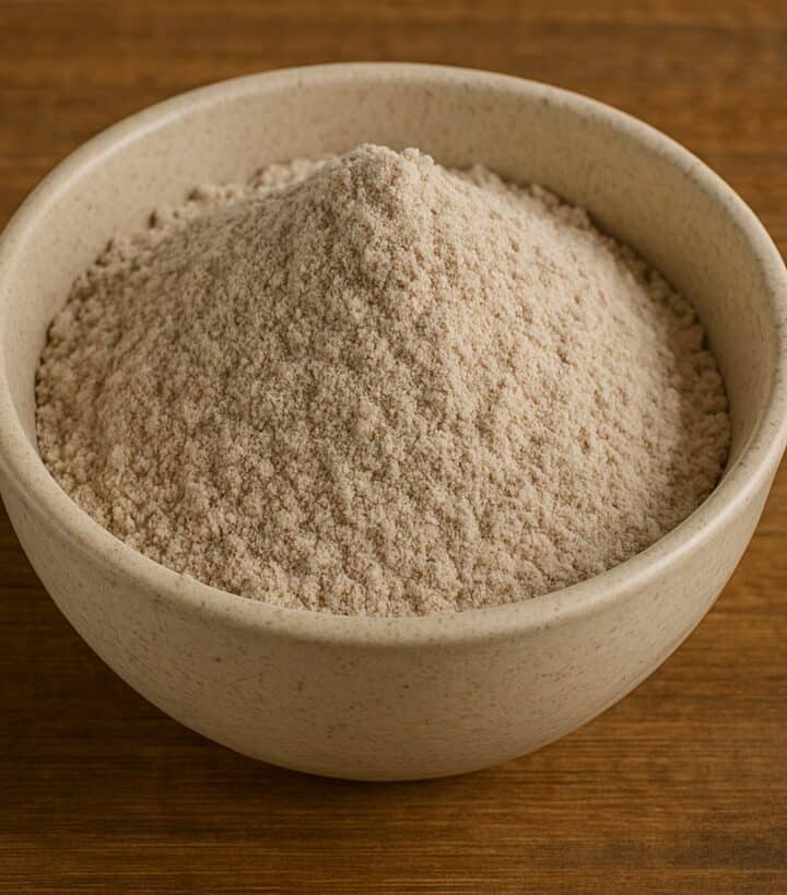 Ciotola in ceramica con farina di grano saraceno finemente macinata su sfondo in legno