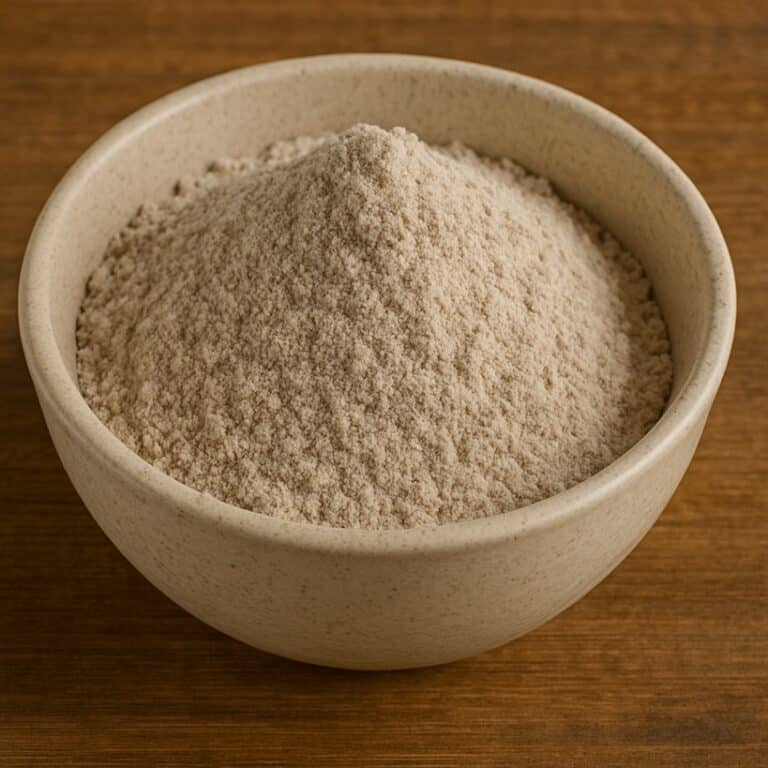 Ciotola in ceramica con farina di grano saraceno finemente macinata su sfondo in legno