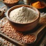 Farina di lenticchie in una ciotola con un cucchiaio di legno