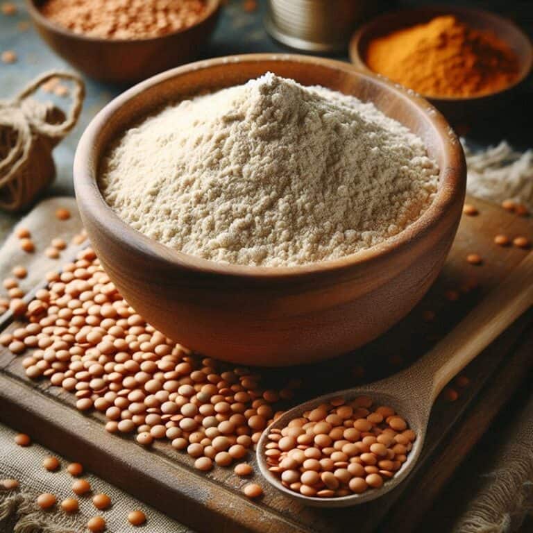 Farina di lenticchie in una ciotola con un cucchiaio di legno