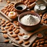 Farina di mandorle in una ciotola con un cucchiaio di legno