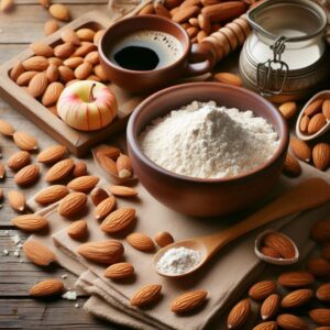 Farina di mandorle in una ciotola con un cucchiaio di legno
