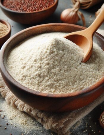 Farina di quinoa in una ciotola con un cucchiaio di legno