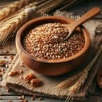 Chicchi di farro in una ciotola con un cucchiaio di legno