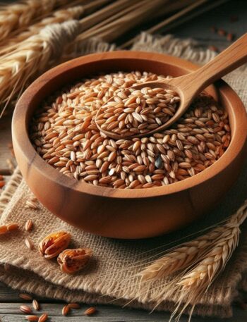 Chicchi di farro in una ciotola con un cucchiaio di legno