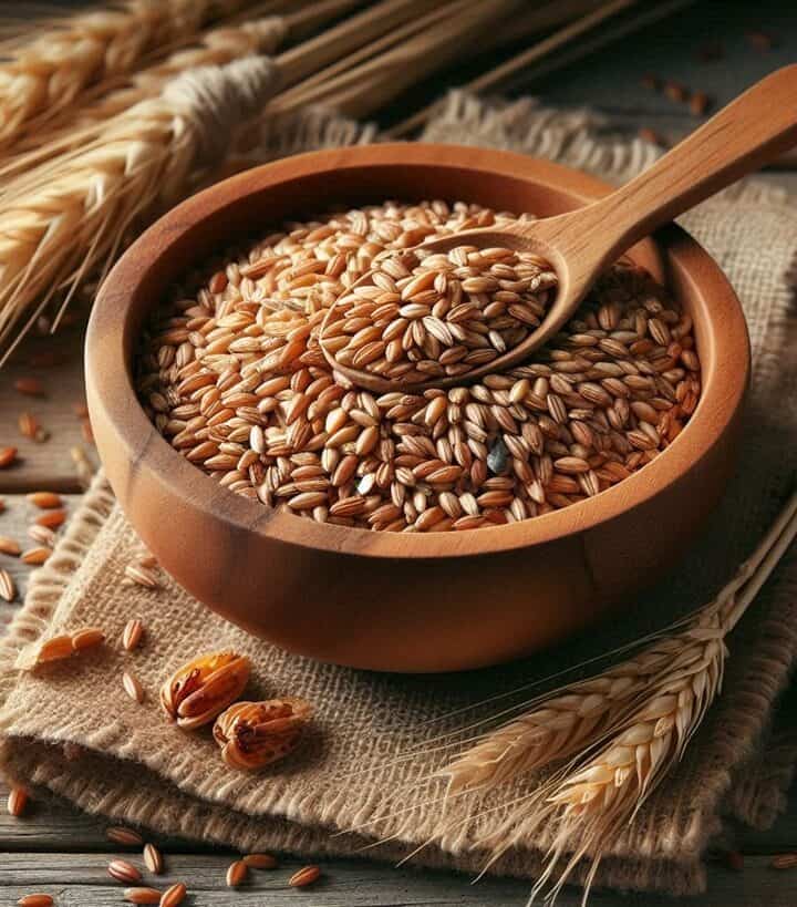 Chicchi di farro in una ciotola con un cucchiaio di legno