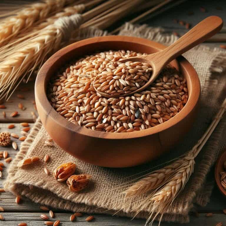 Chicchi di farro in una ciotola con un cucchiaio di legno