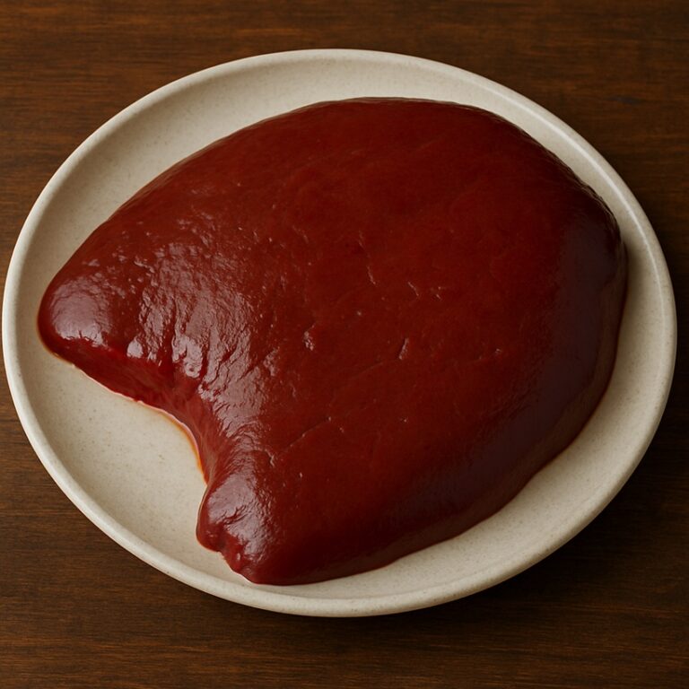 Un grosso pezzo di fegato crudo dal colore rosso scuro su piatto chiaro