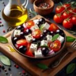 Cubetti di feta disposti su un piatto con olive e pomodorini