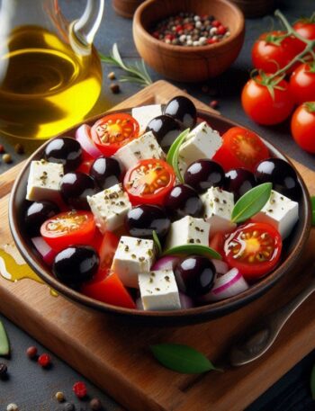 Cubetti di feta disposti su un piatto con olive e pomodorini