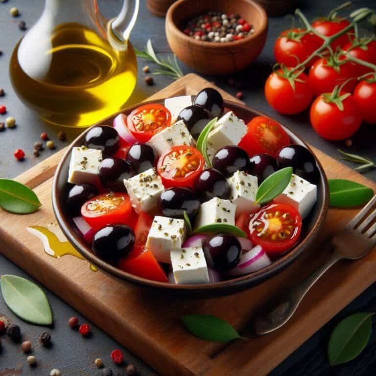 Cubetti di feta disposti su un piatto con olive e pomodorini