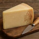 Wedge di Grana Padano DOP su tagliere di legno con coltello