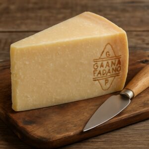 Wedge di Grana Padano DOP su tagliere di legno con coltello