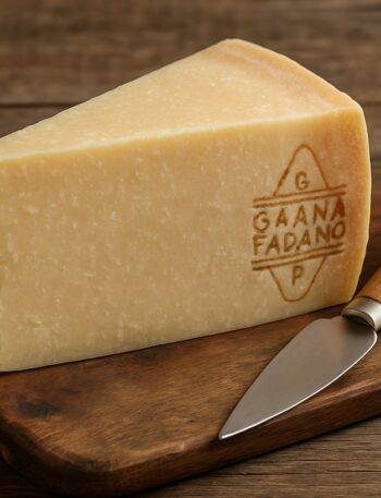 Wedge di Grana Padano DOP su tagliere di legno con coltello