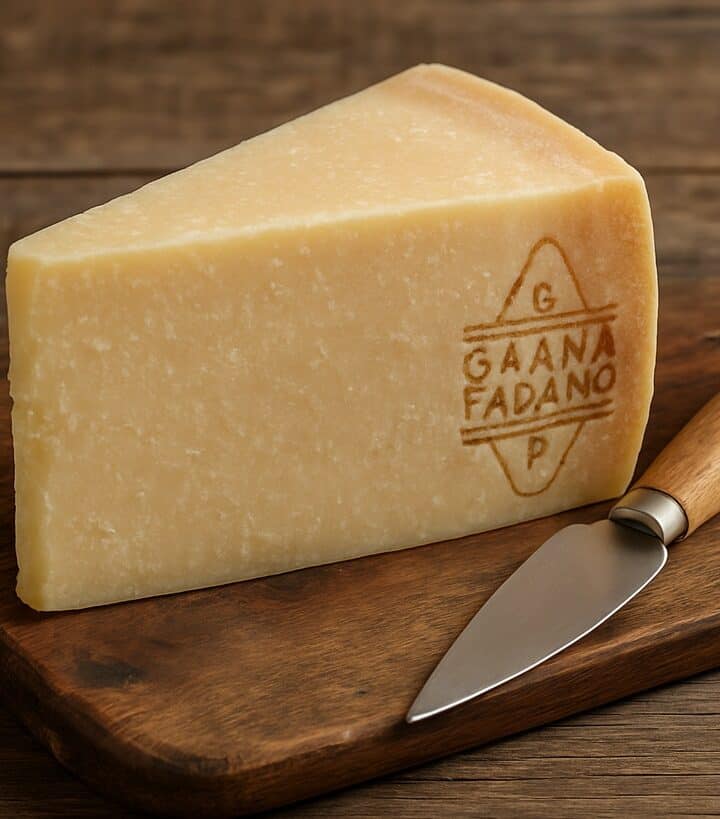 Wedge di Grana Padano DOP su tagliere di legno con coltello