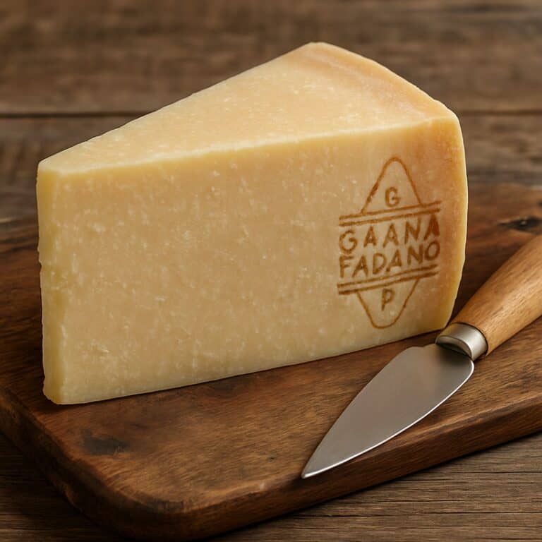 Wedge di Grana Padano DOP su tagliere di legno con coltello