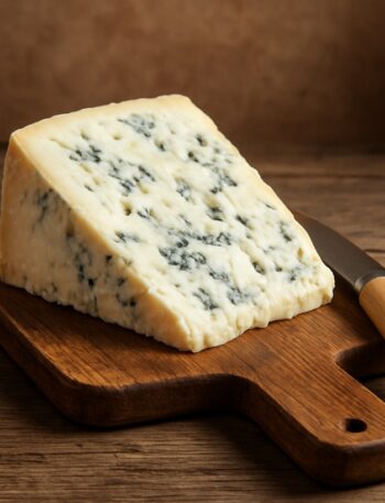 Wedge di gorgonzola cremoso con venature blu su tagliere di legno