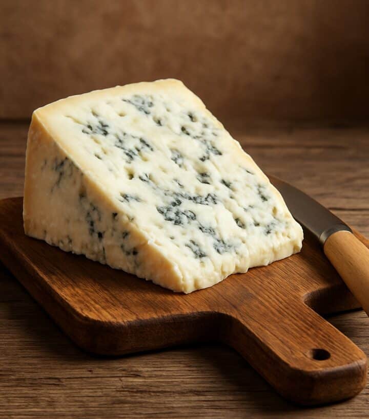 Wedge di gorgonzola cremoso con venature blu su tagliere di legno
