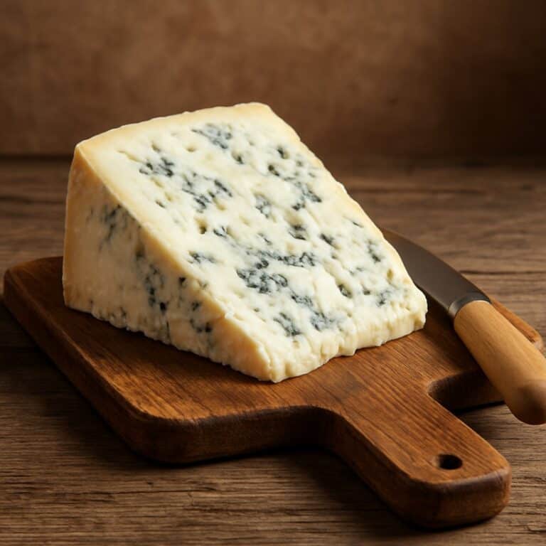 Wedge di gorgonzola cremoso con venature blu su tagliere di legno