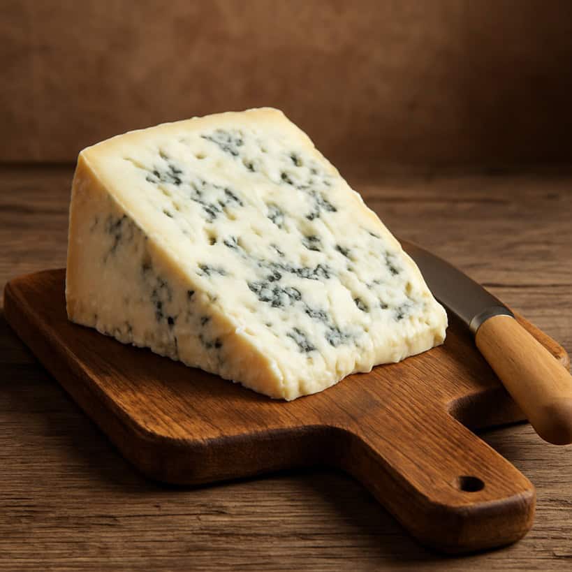 Wedge di gorgonzola cremoso con venature blu su tagliere di legno