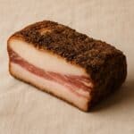 Pezzo di guanciale con strato di grasso e spezie su sfondo beige