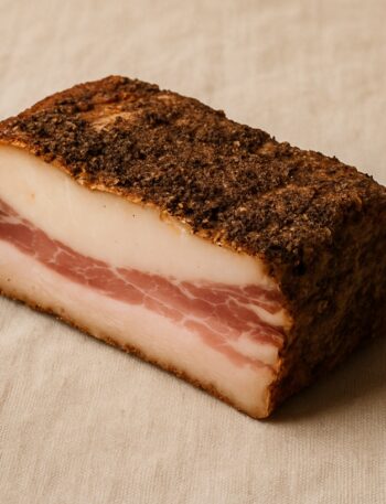 Pezzo di guanciale con strato di grasso e spezie su sfondo beige