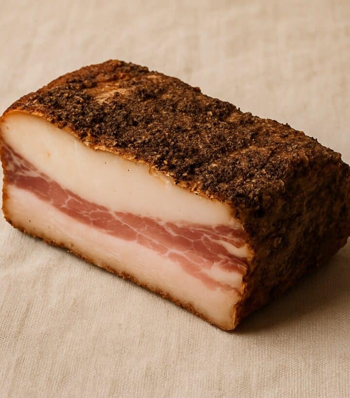 Pezzo di guanciale con strato di grasso e spezie su sfondo beige