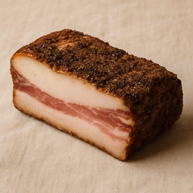 Pezzo di guanciale con strato di grasso e spezie su sfondo beige