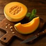 Melone cantalupo tagliato a metà con una fetta su tagliere rustico in legno e coltello da cucina accanto