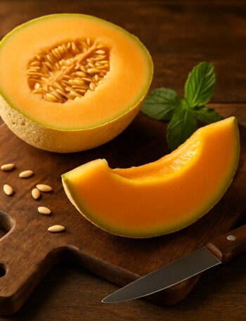 Melone cantalupo tagliato a metà con una fetta su tagliere rustico in legno e coltello da cucina accanto