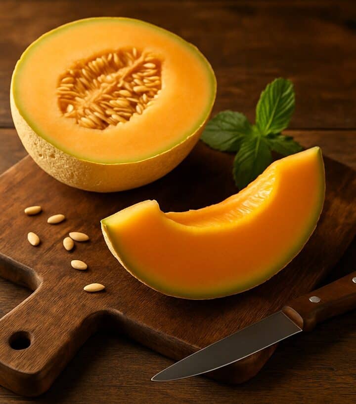 Melone cantalupo tagliato a metà con una fetta su tagliere rustico in legno e coltello da cucina accanto