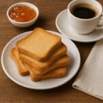 Piatto con fette biscottate dorate, marmellata e tazza di caffè su tavolo in legno