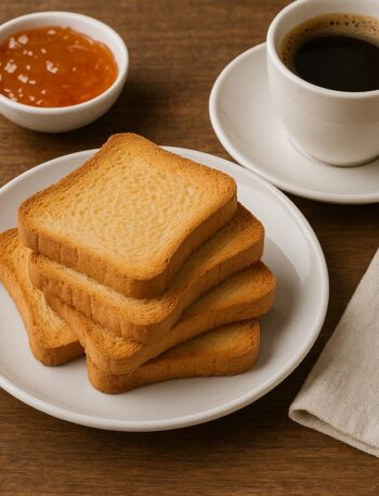 Piatto con fette biscottate dorate, marmellata e tazza di caffè su tavolo in legno