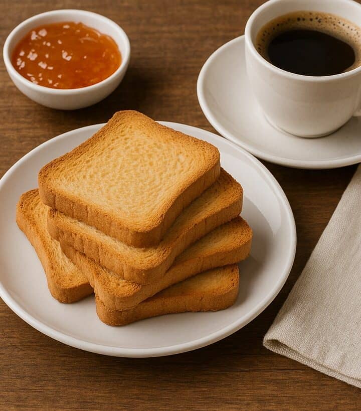Piatto con fette biscottate dorate, marmellata e tazza di caffè su tavolo in legno