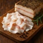 Fette sottili di lardo disposte su tagliere di legno naturale