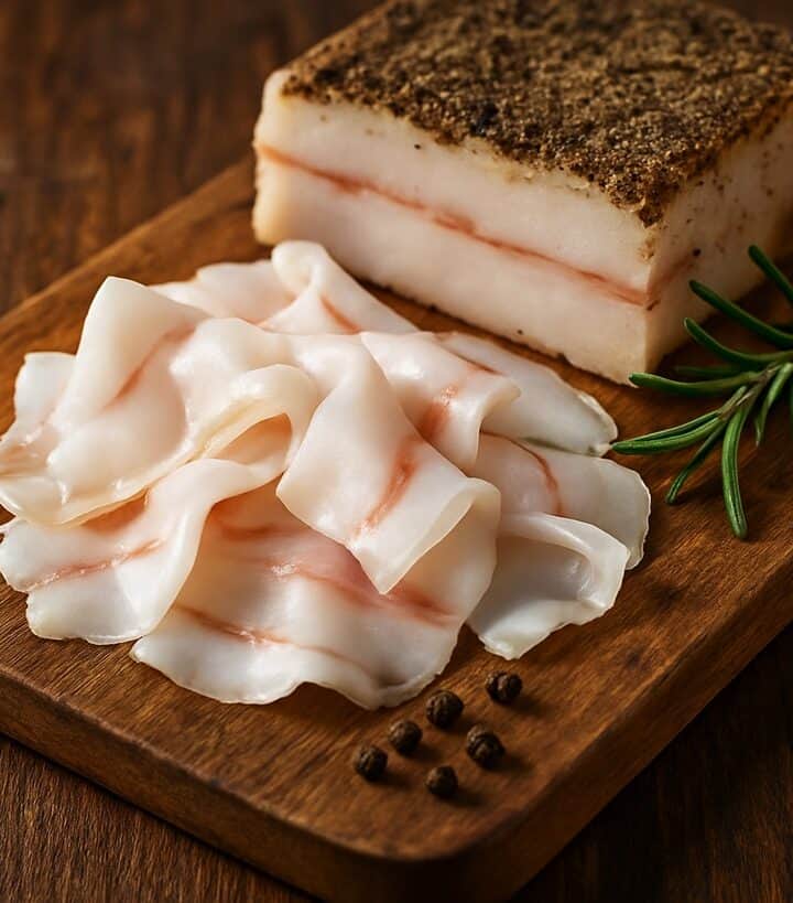 Fette sottili di lardo disposte su tagliere di legno naturale